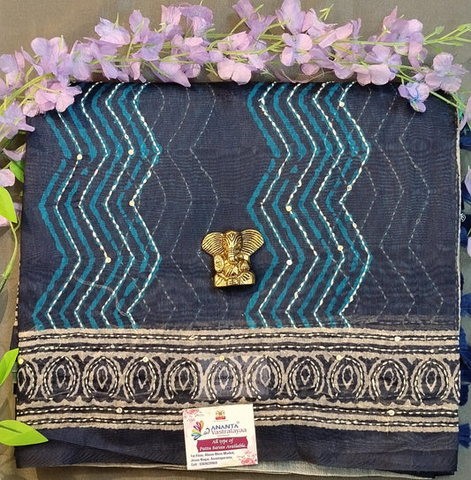 Dark Blue Cotton Saree with Kantha Work