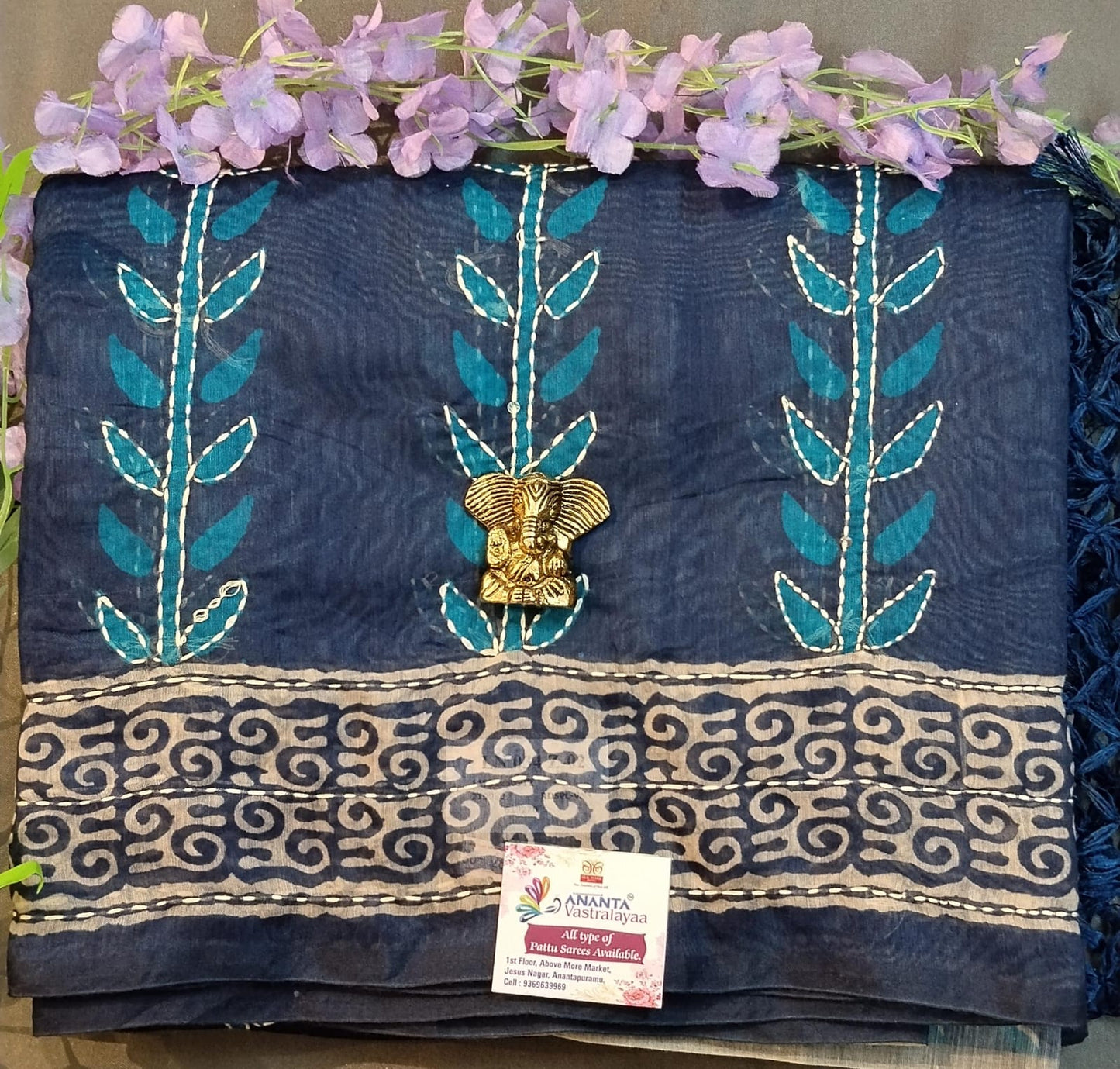 Dark Blue Cotton Saree with Kantha Work