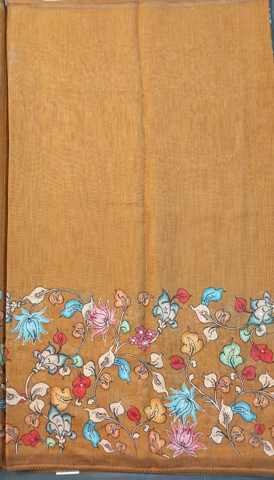 Mustard Yellow Cotton Saree with Kalamkari