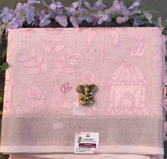 Baby Pink Pure Linen Saree with Embroidery