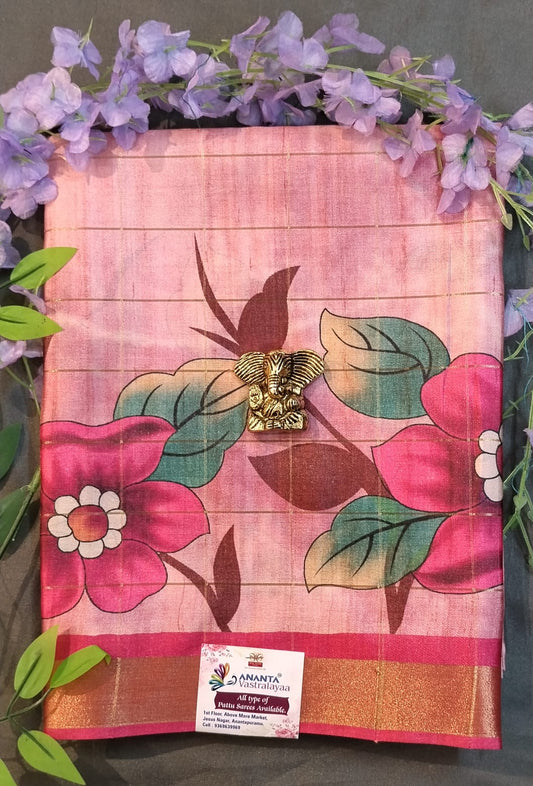 Baby Pink Soft Dola Silk Saree with Checks