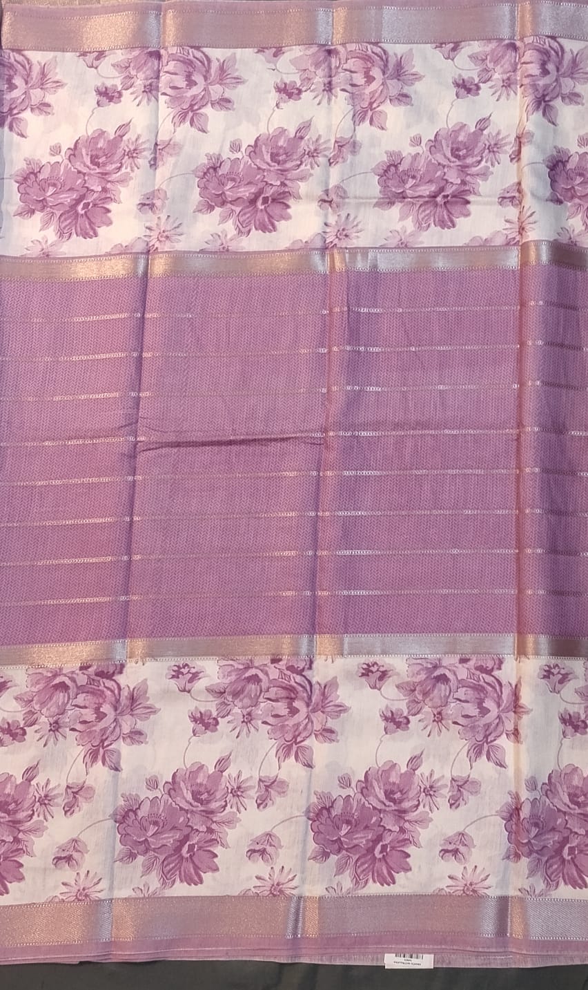 White & Purple Silk Zari Saree with Floral Print