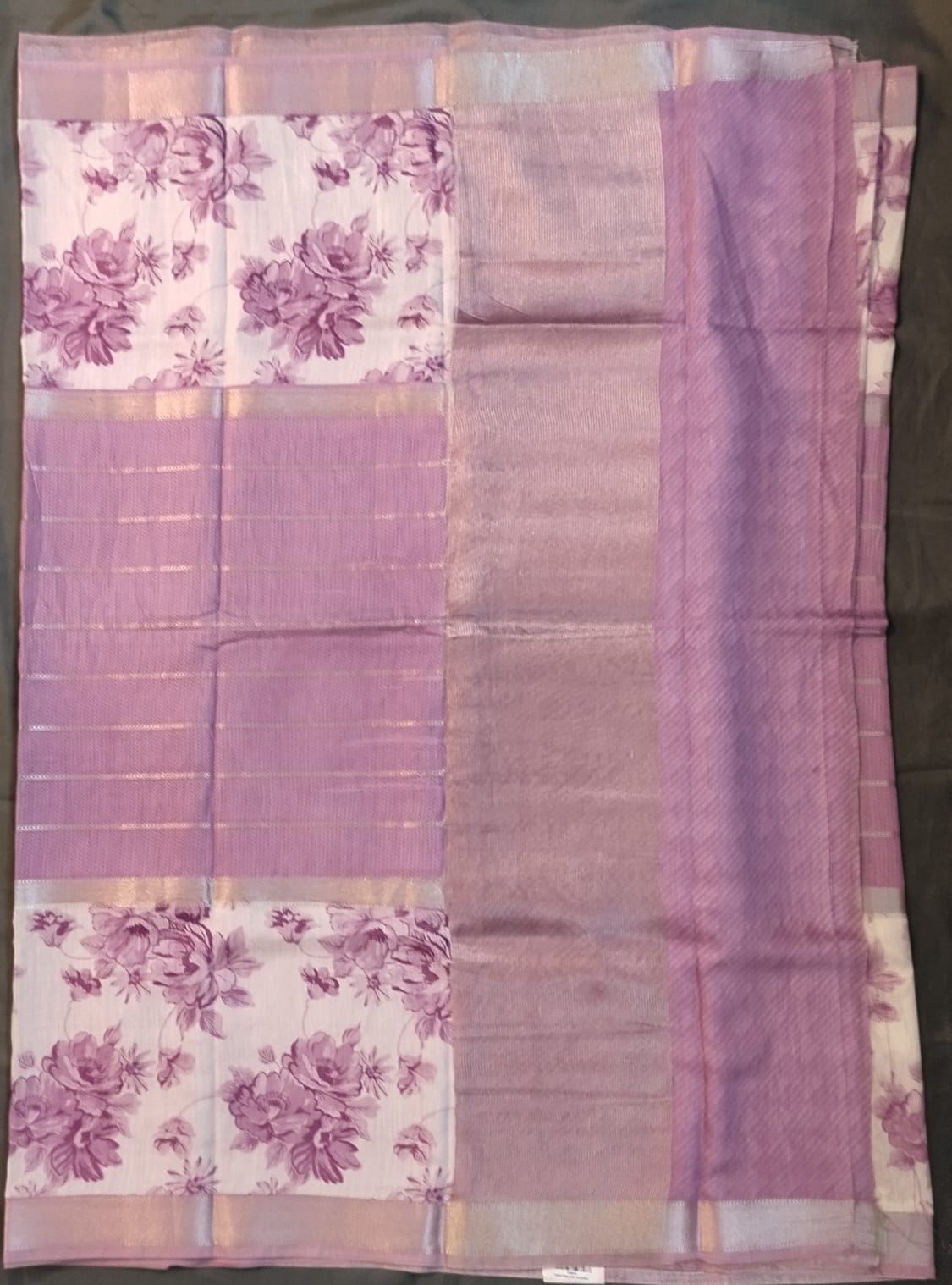 White & Purple Silk Zari Saree with Floral Print