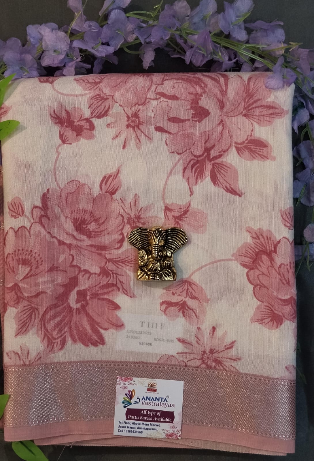 White & Purple Silk Zari Saree with Floral Print