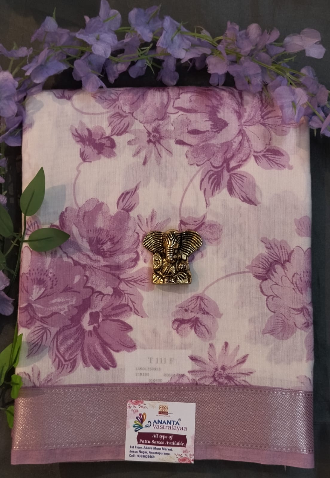 White & Purple Silk Zari Saree with Floral Print
