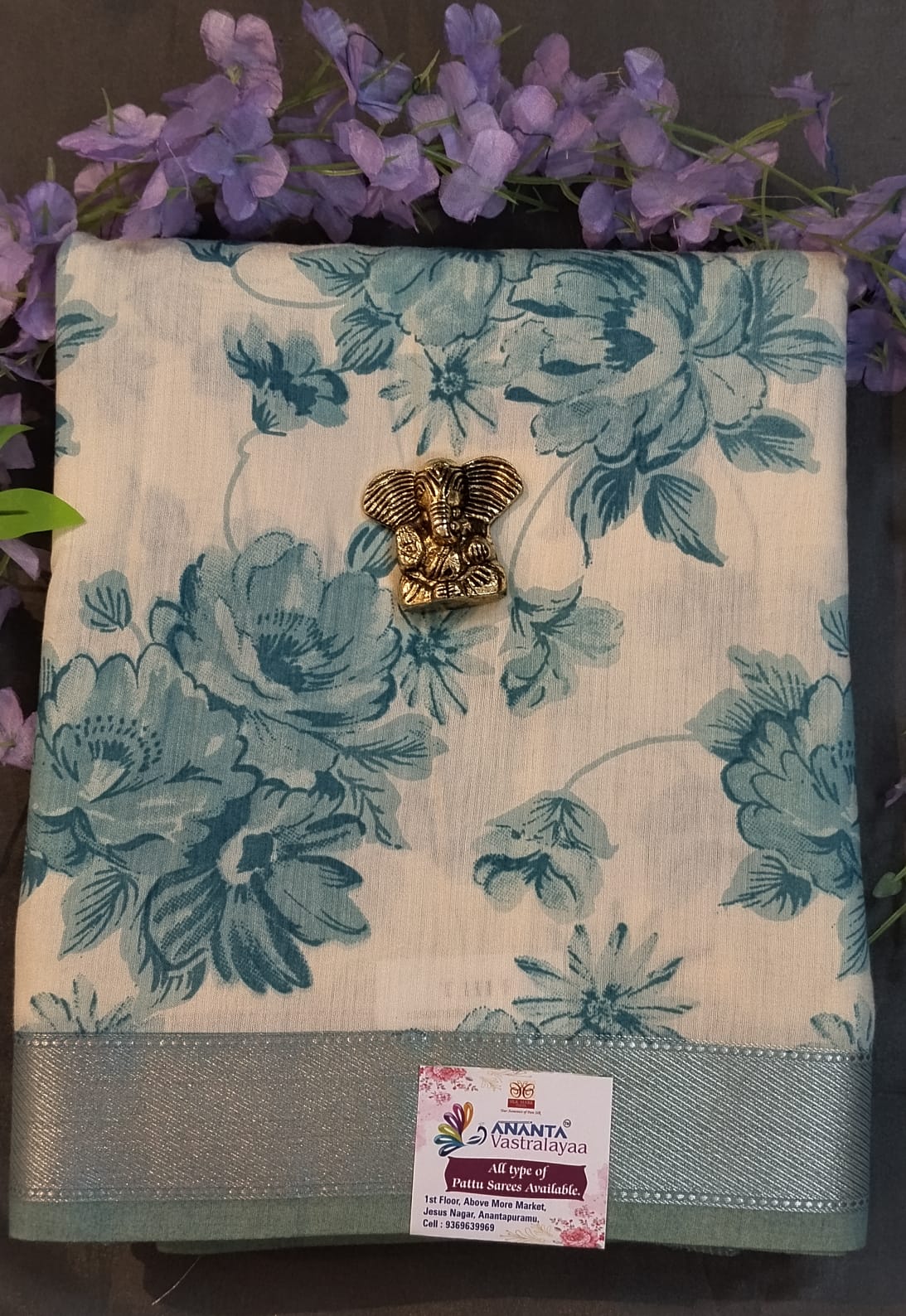 White & Purple Silk Zari Saree with Floral Print