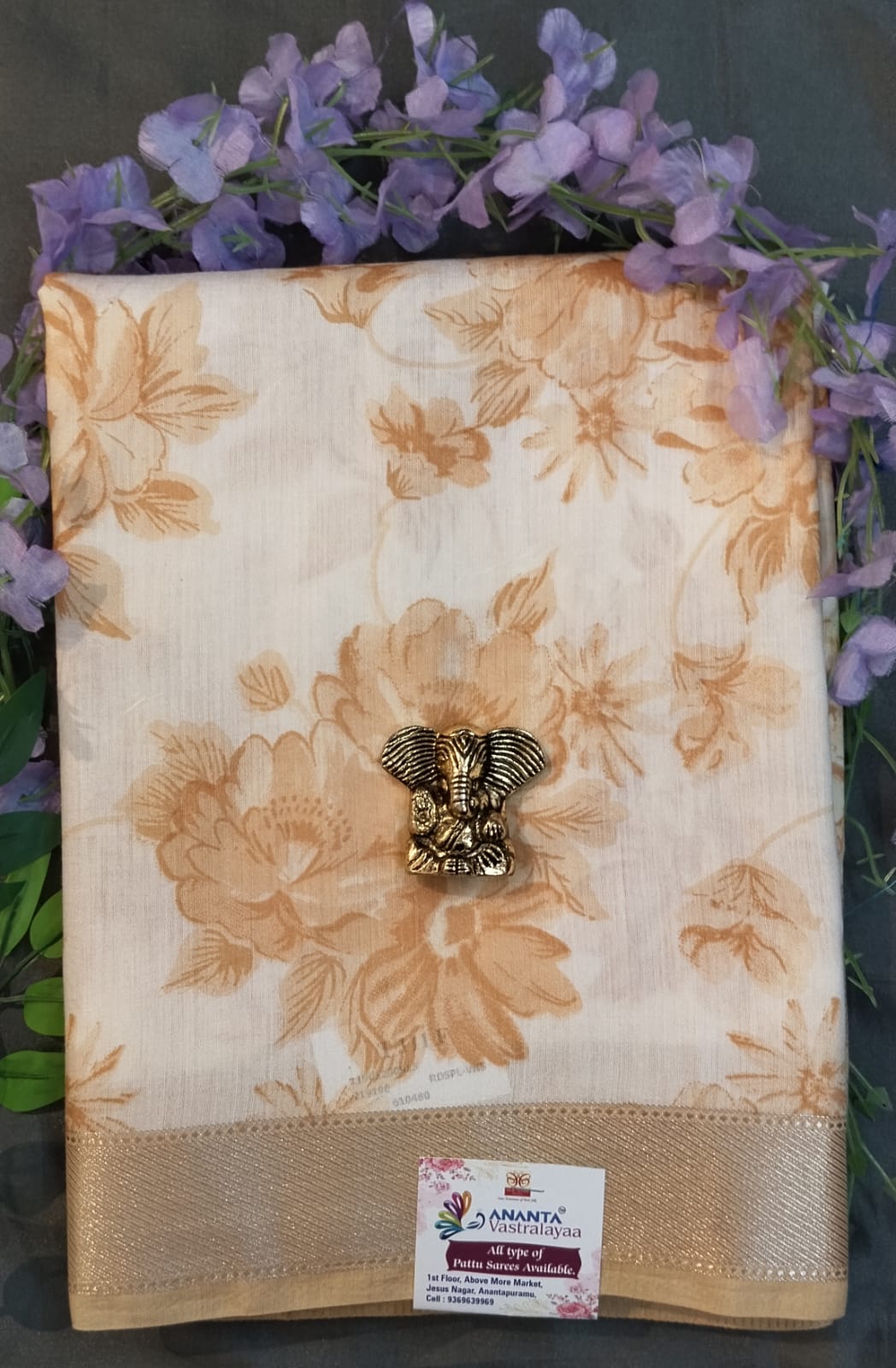 White & Purple Silk Zari Saree with Floral Print