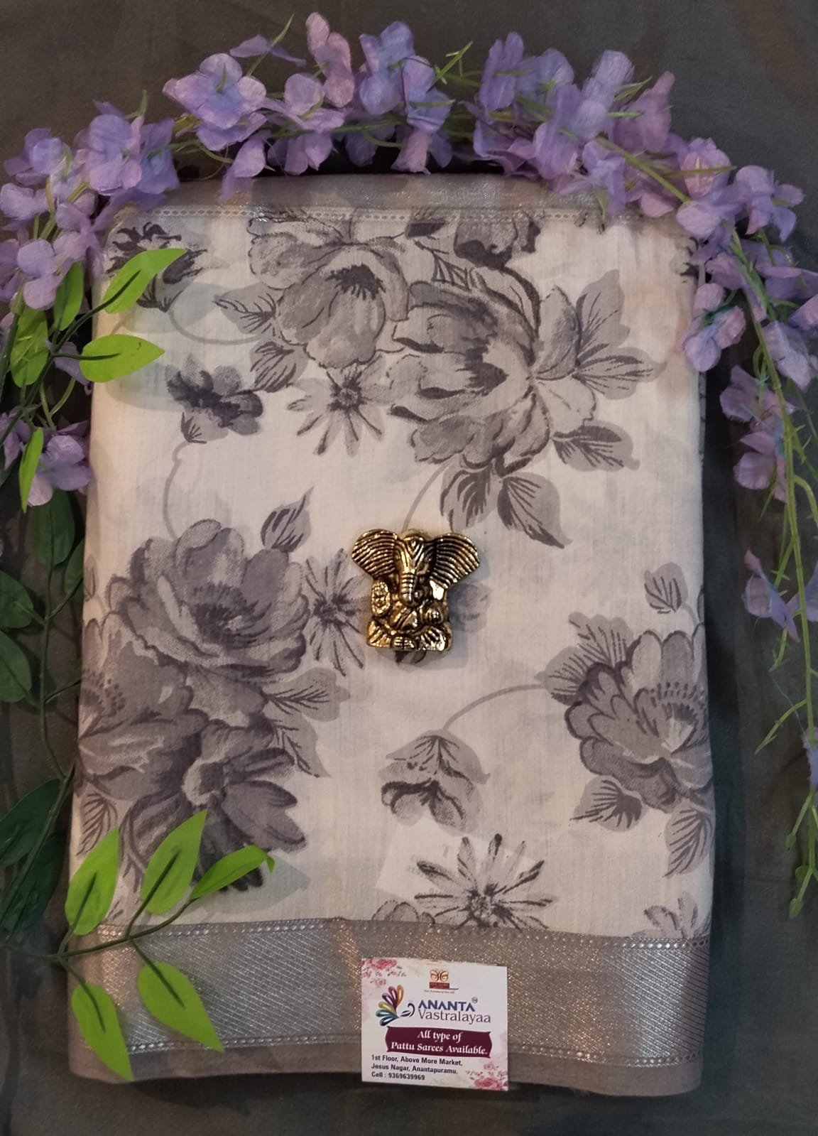 White & Purple Silk Zari Saree with Floral Print
