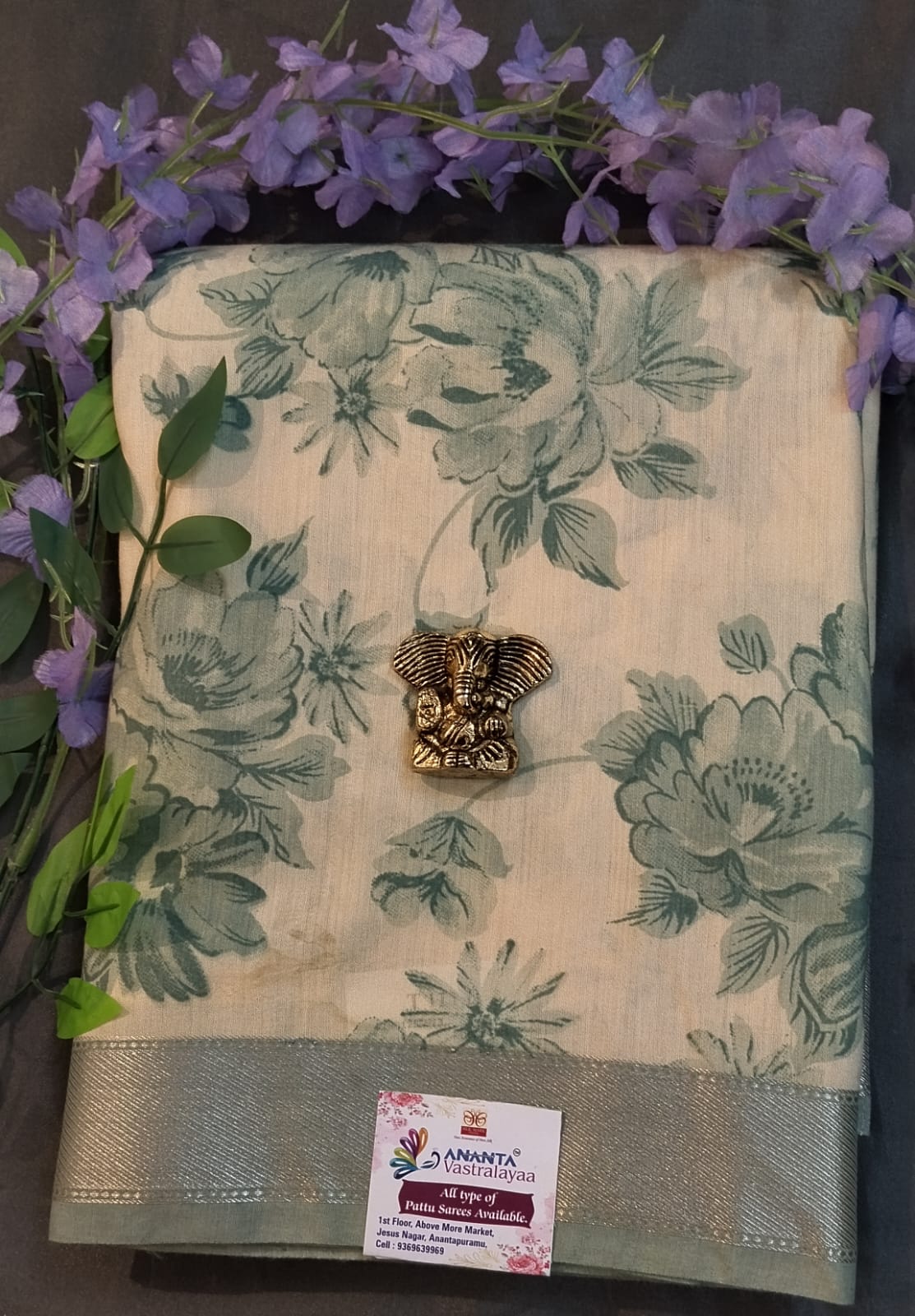 White & Purple Silk Zari Saree with Floral Print