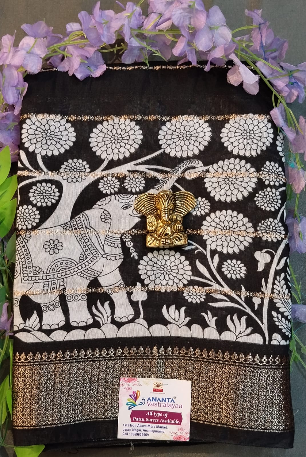 Black Cotton Saree with Temple Border