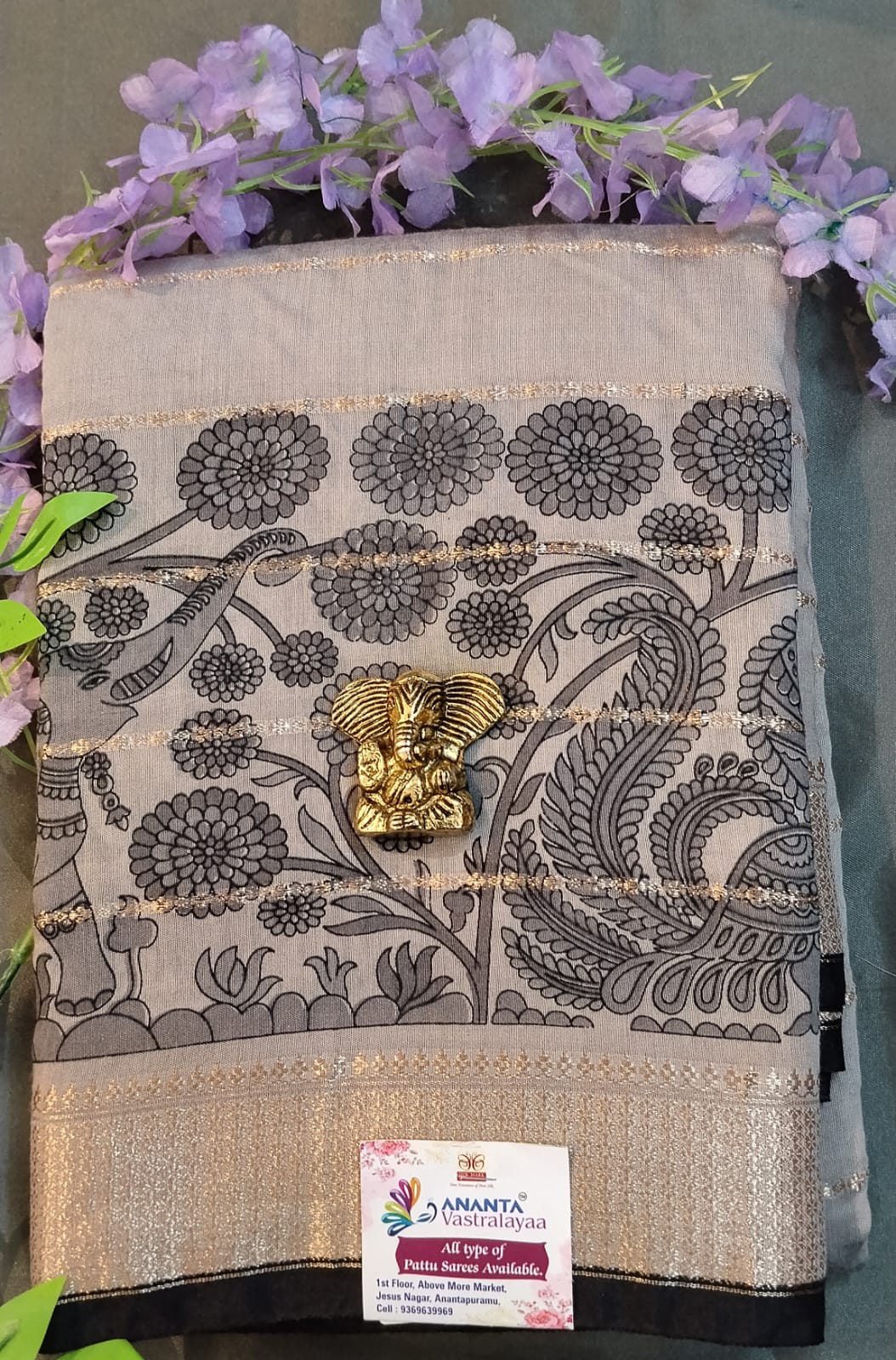 Black Cotton Saree with Temple Border