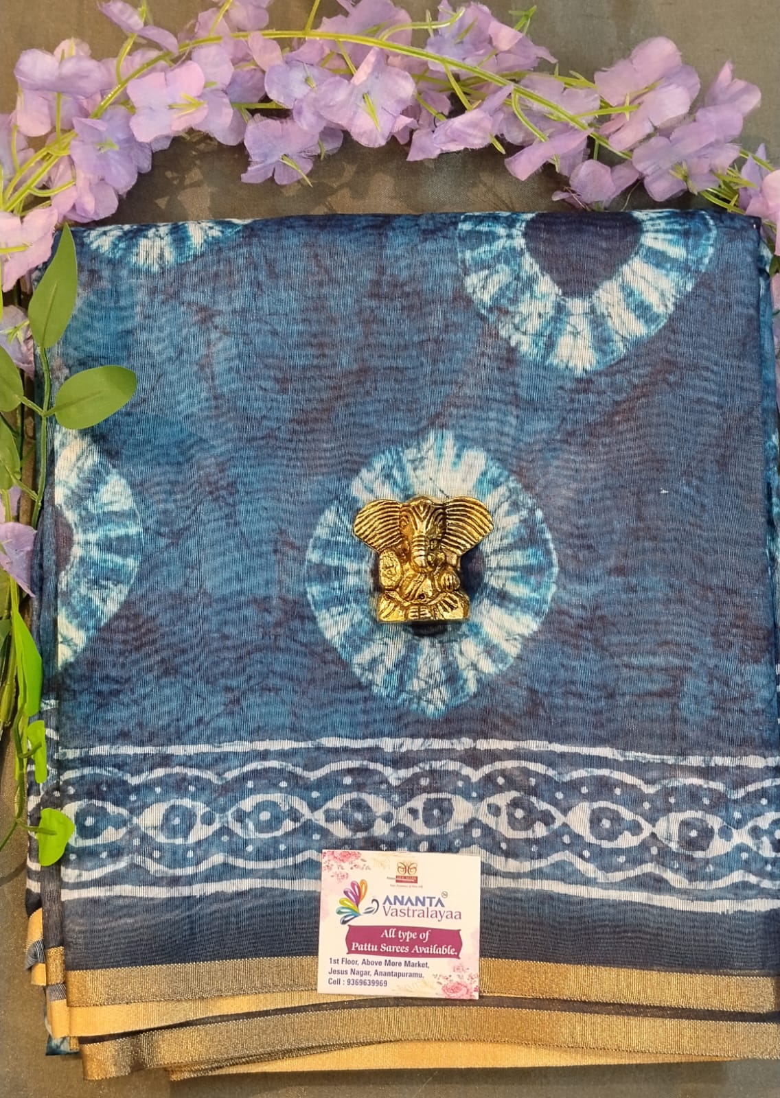 Blue Cotton Saree with Batik Pattern