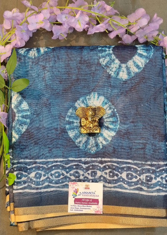 Blue Cotton Saree with Batik Pattern