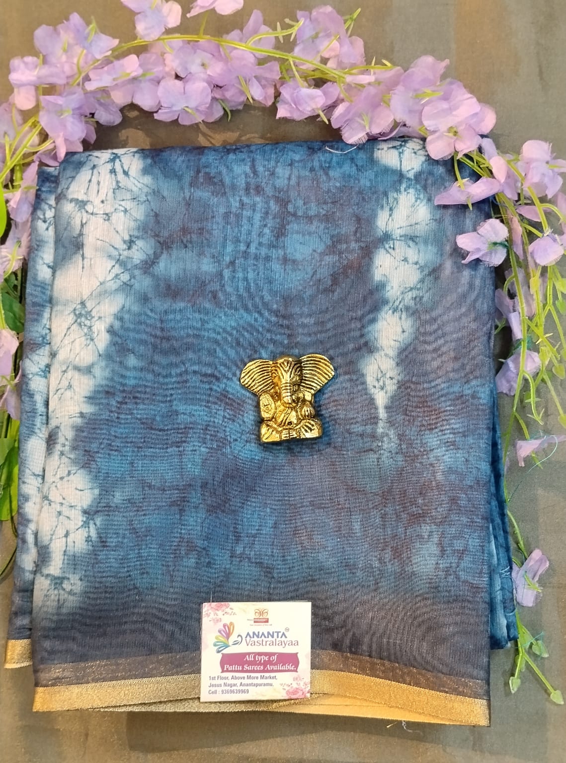 Blue Cotton Saree with Batik Pattern