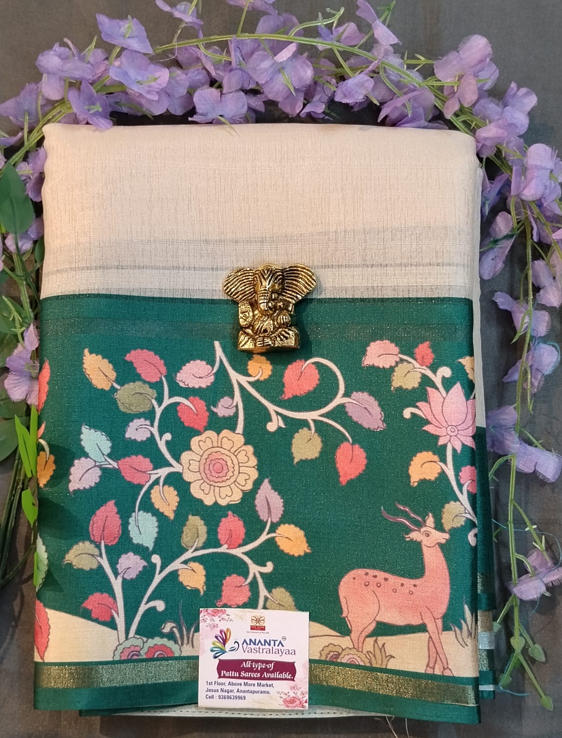 White Tussar Saree with Kalamkari Border