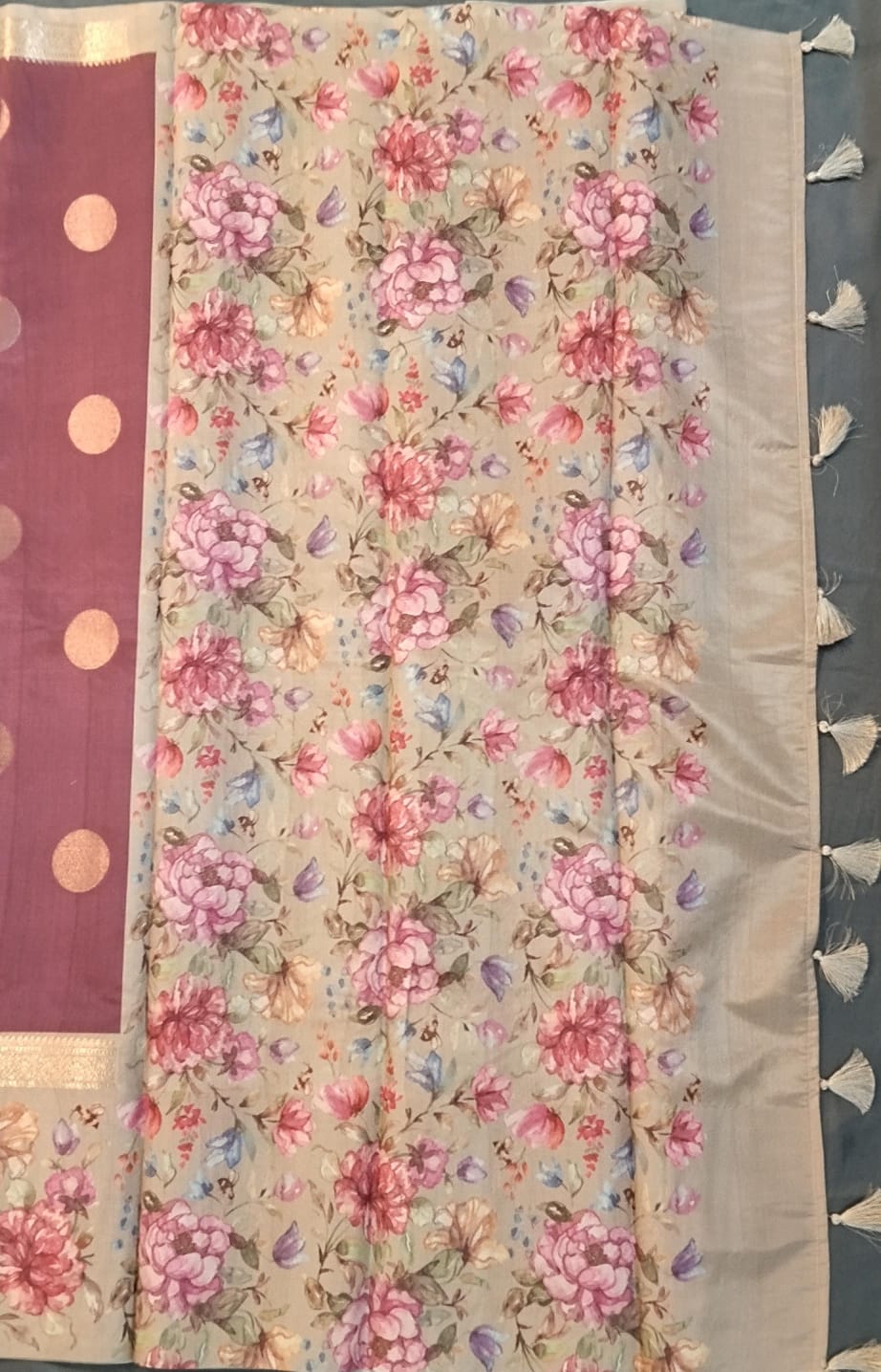 Onion Pink Tussar Saree with Floral Print