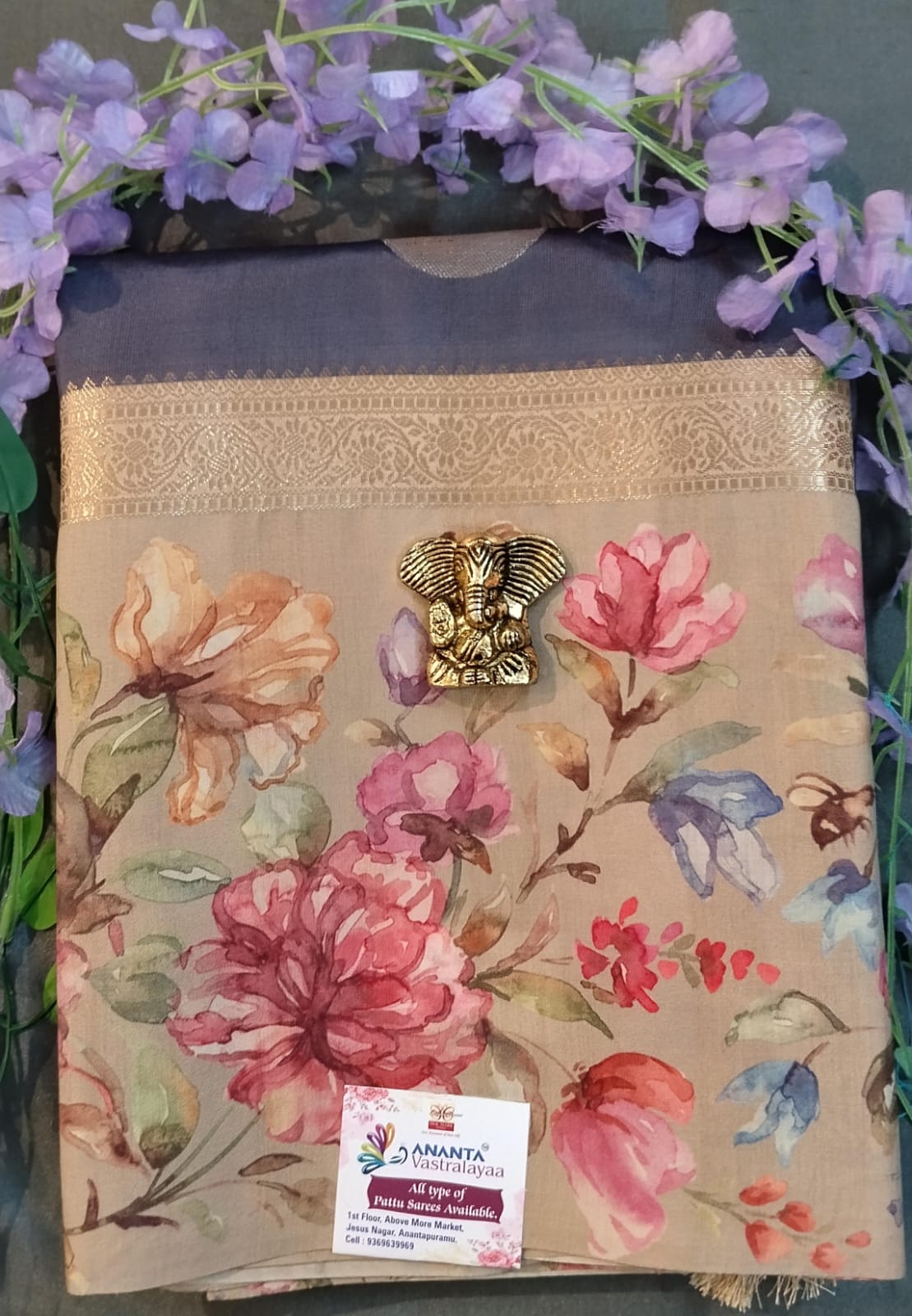 Onion Pink Tussar Saree with Floral Print