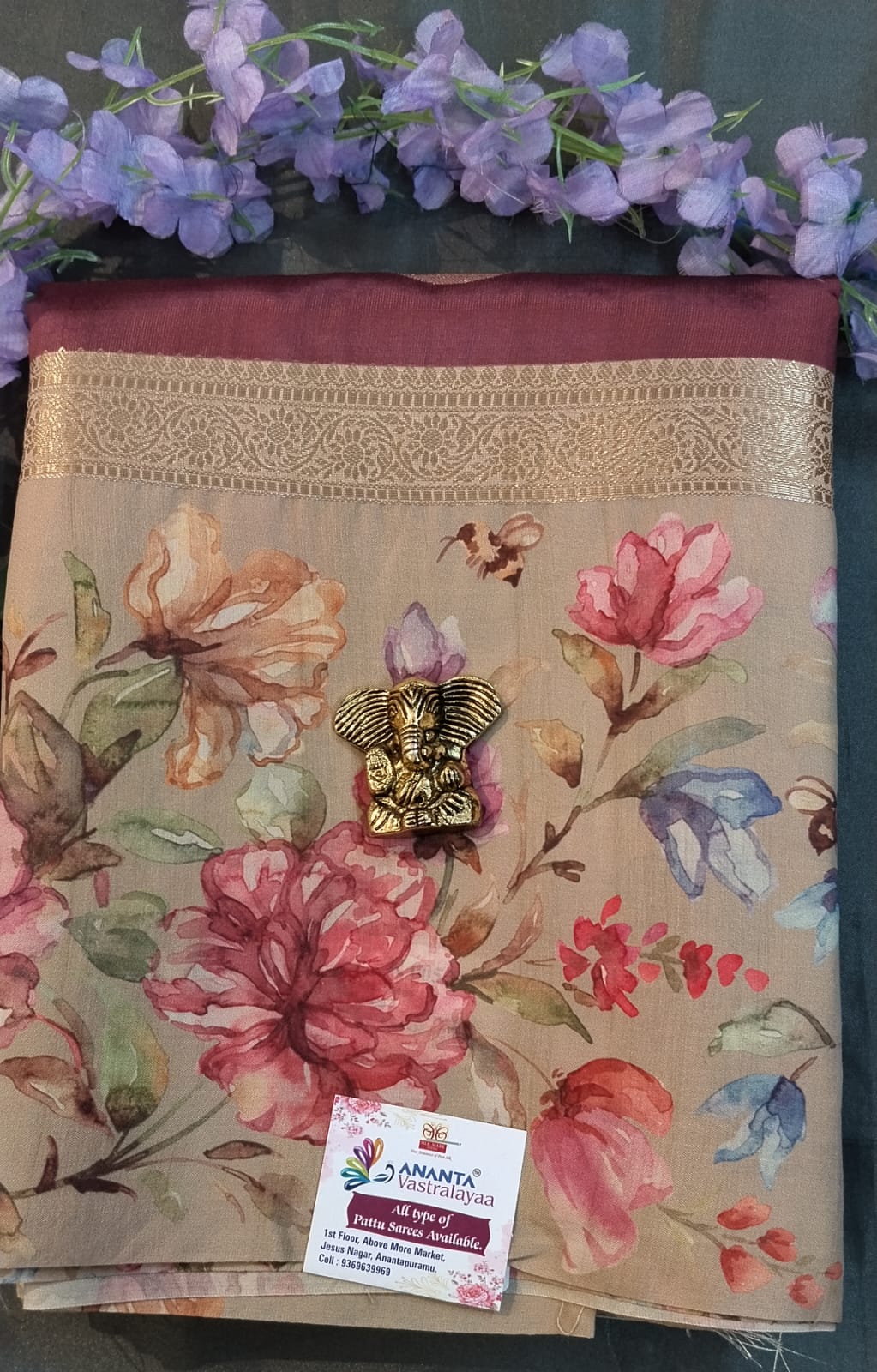 Onion Pink Tussar Saree with Floral Print