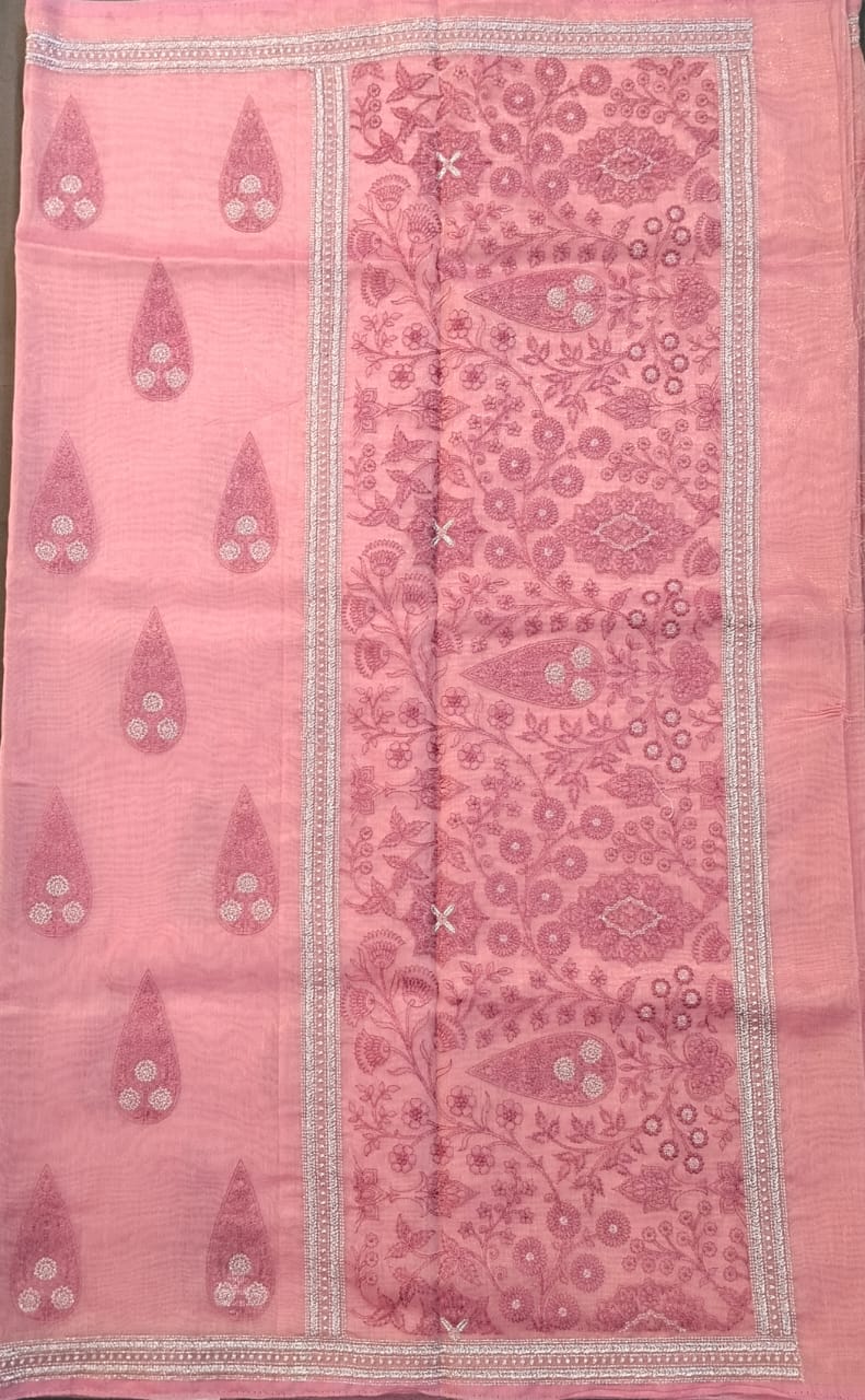 Baby Pink Linen Net Saree with Thread Work
