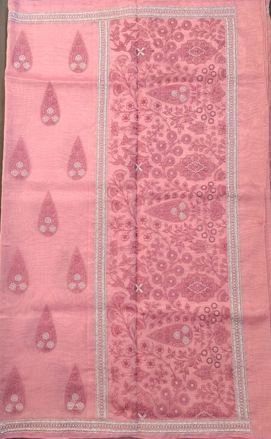 Baby Pink Linen Net Saree with Thread Work