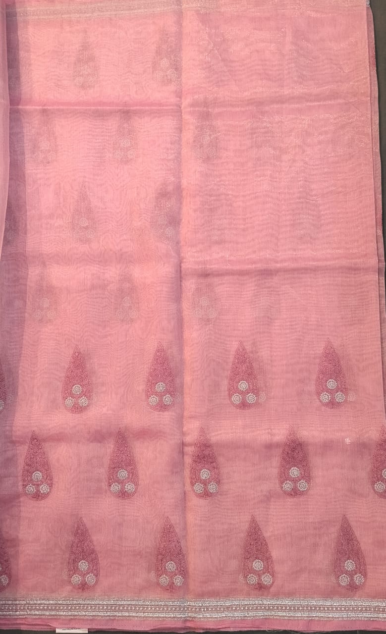 Baby Pink Linen Net Saree with Thread Work