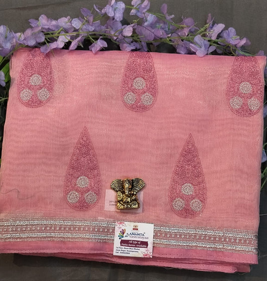 Baby Pink Linen Net Saree with Thread Work
