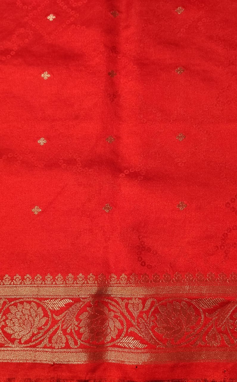 Red Mushroo Silk Saree with Gold Zari Border