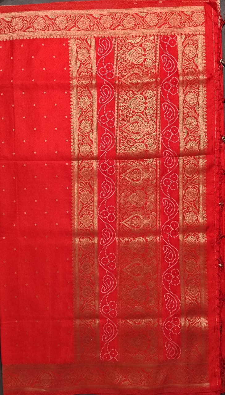 Red Mushroo Silk Saree with Gold Zari Border