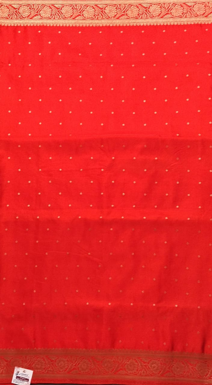 Red Mushroo Silk Saree with Gold Zari Border