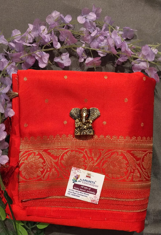 Red Mushroo Silk Saree with Gold Zari Border