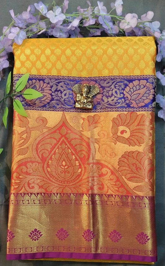 Yellow Kanchi Pattu Mix Silk Saree