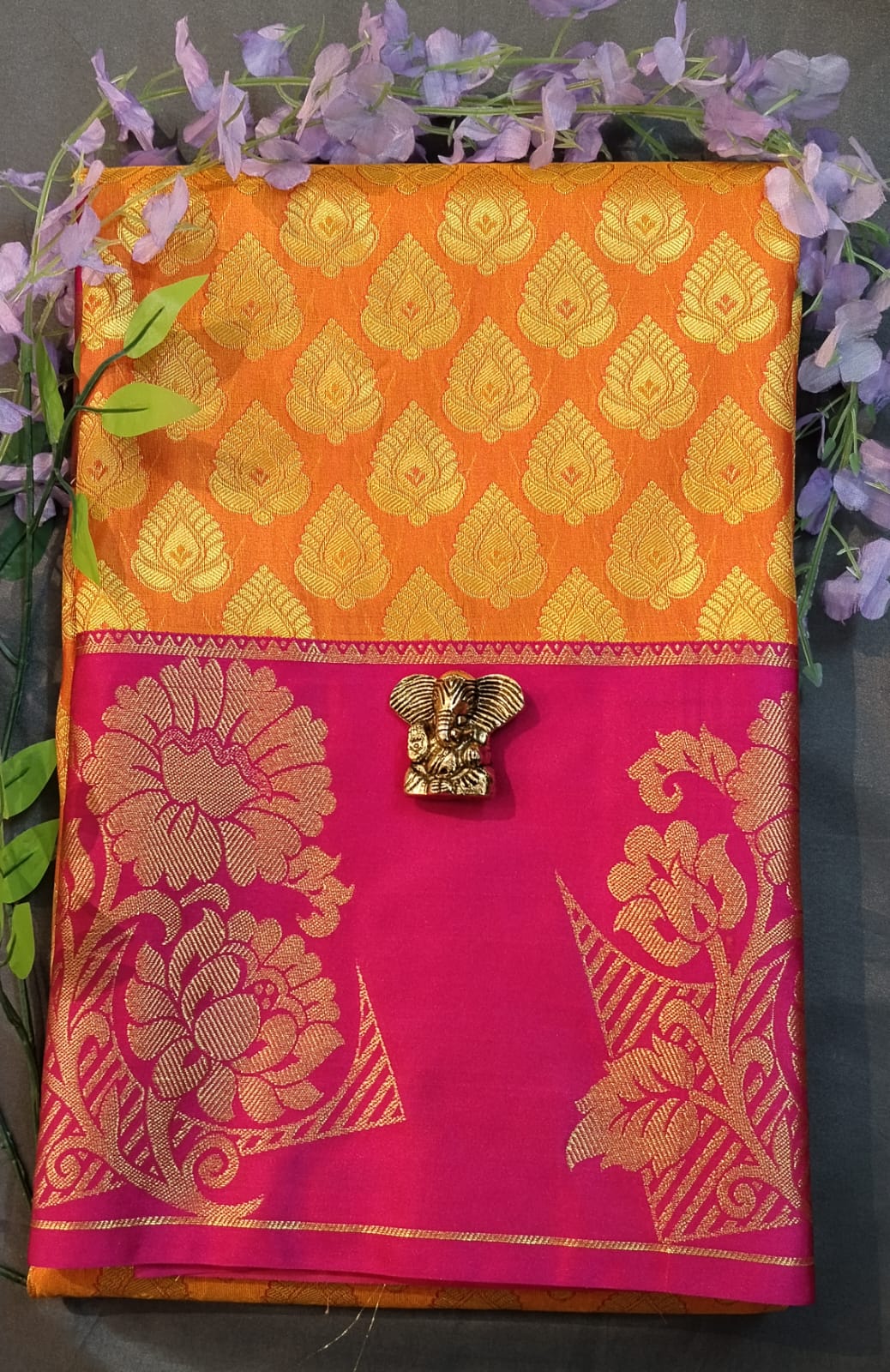 Orange Kanchi Pattu Mix Silk Saree