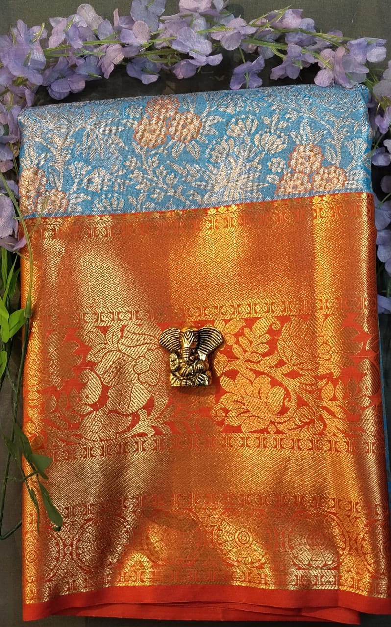 Sky Blue Kanchi Pattu Zari Silk Saree